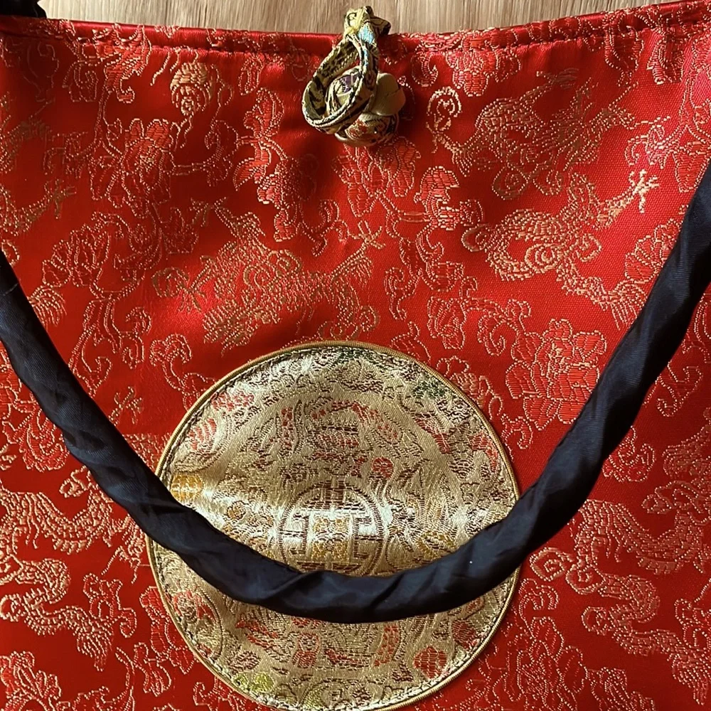 Red, gold, and black satin print‎ tote bag